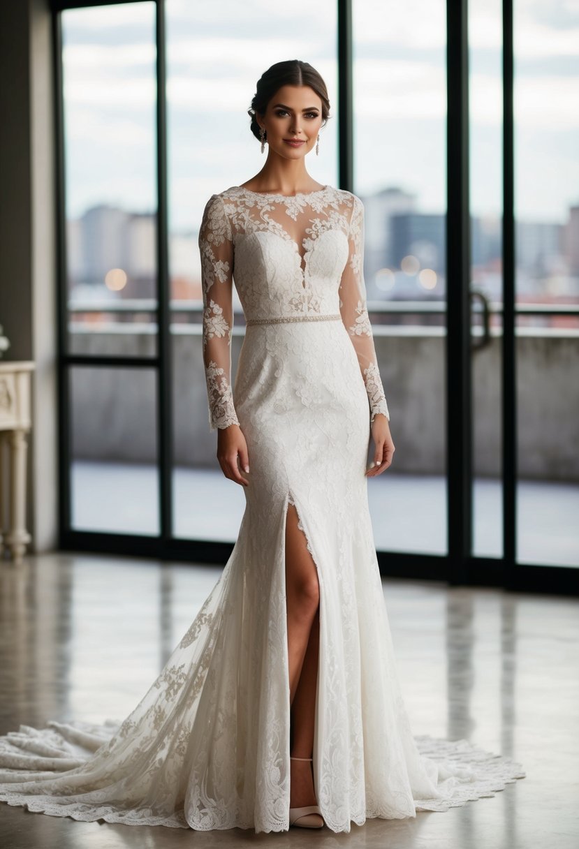 A bride stands in an elegant A-line lace gown with lace sleeves, featuring a side leg slit