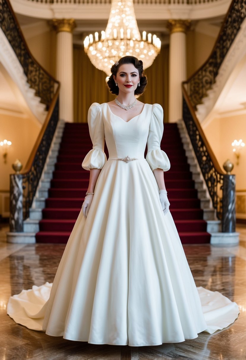 A bride in a 1940s vintage wedding dress with puff sleeves, standing in a grand ballroom with ornate chandeliers and a marble staircase