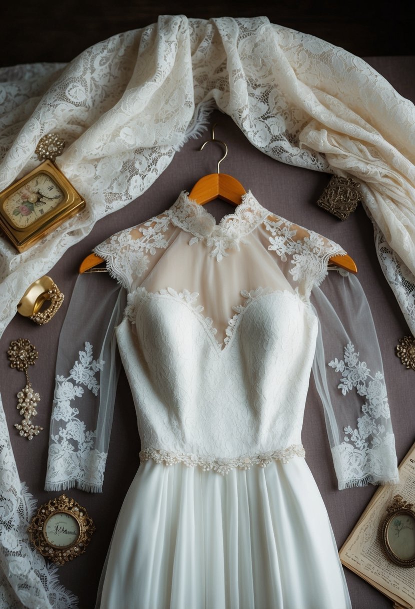 A vintage lace wedding dress with a high neckline and illusion sleeves hangs on a mannequin, surrounded by delicate lace fabric and vintage accessories