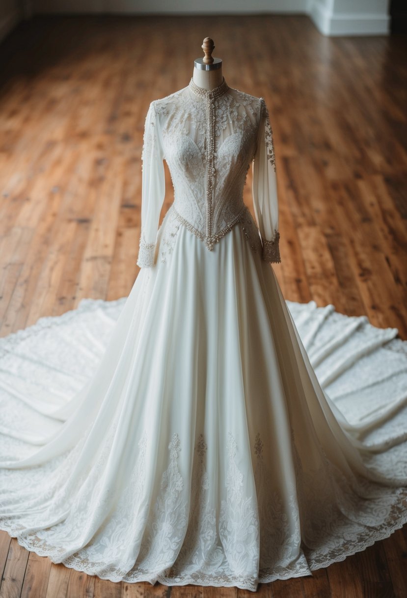 A 1940s vintage wedding dress with a regal high neckline, adorned with delicate lace and intricate beading, flowing gracefully to the floor