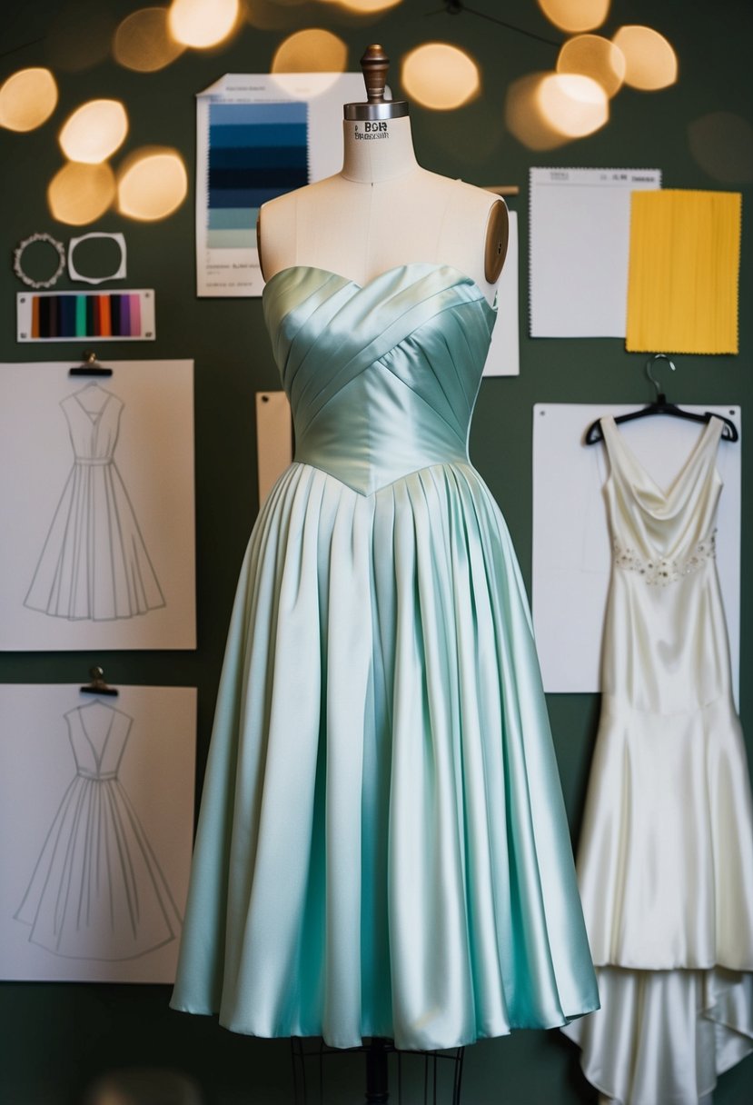 A 1930s bias-cut satin dress hangs on a vintage dress form, surrounded by 90s wedding dress sketches and fabric swatches