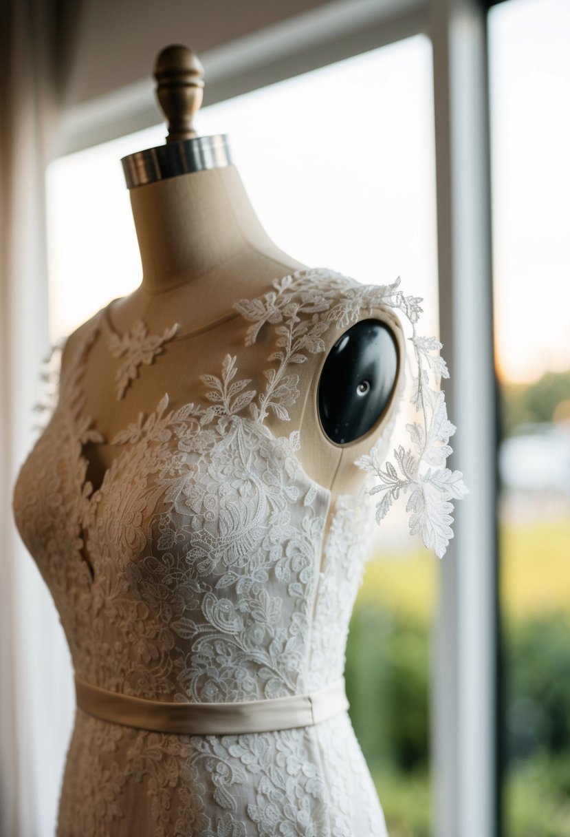 A lace wedding dress with illusion sleeves draped over a vintage mannequin