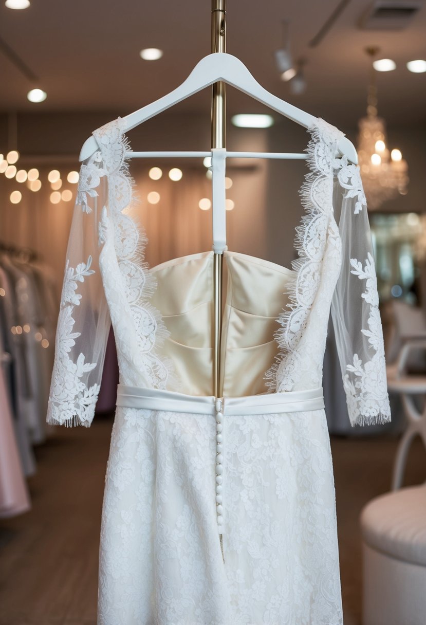 A modern lace wedding dress with open back and lace sleeves, hanging on a mannequin in a softly lit bridal boutique