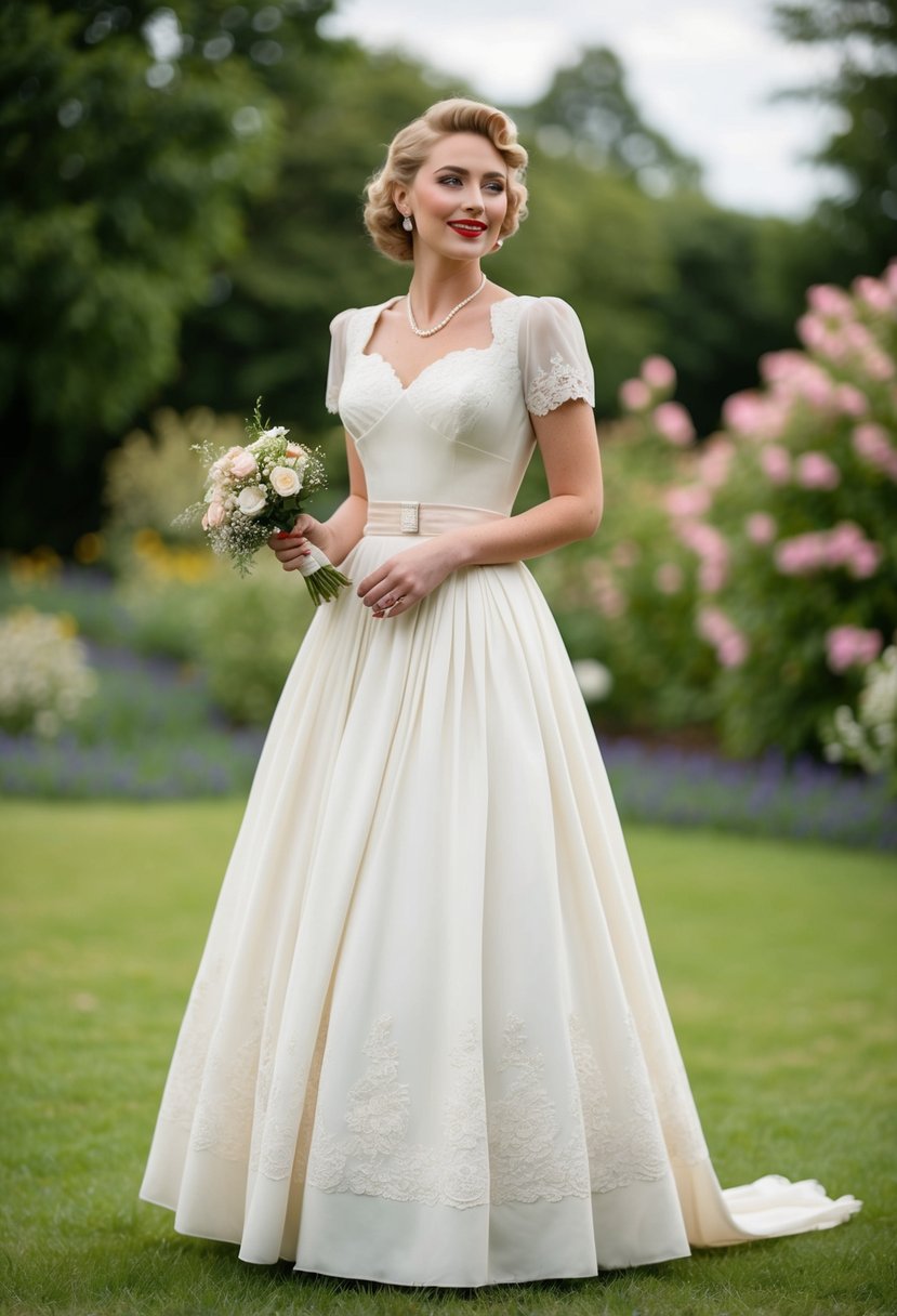 A bride stands in a garden, wearing a 1940s vintage wedding dress with an A-line skirt and retro charm. The dress features delicate lace and a sweetheart neckline, with a small bouquet of flowers in her hand