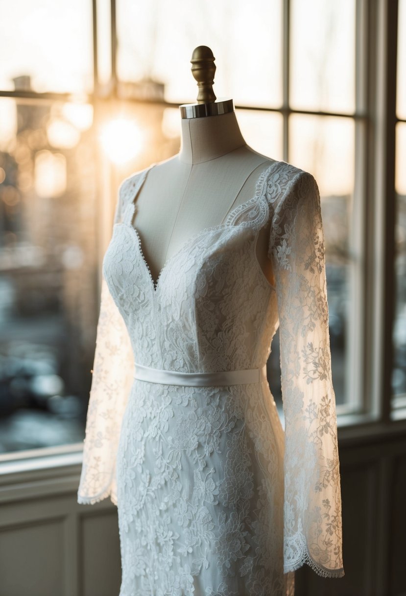 A classic lace wedding gown with scalloped edges on long sleeves, draped elegantly on a mannequin