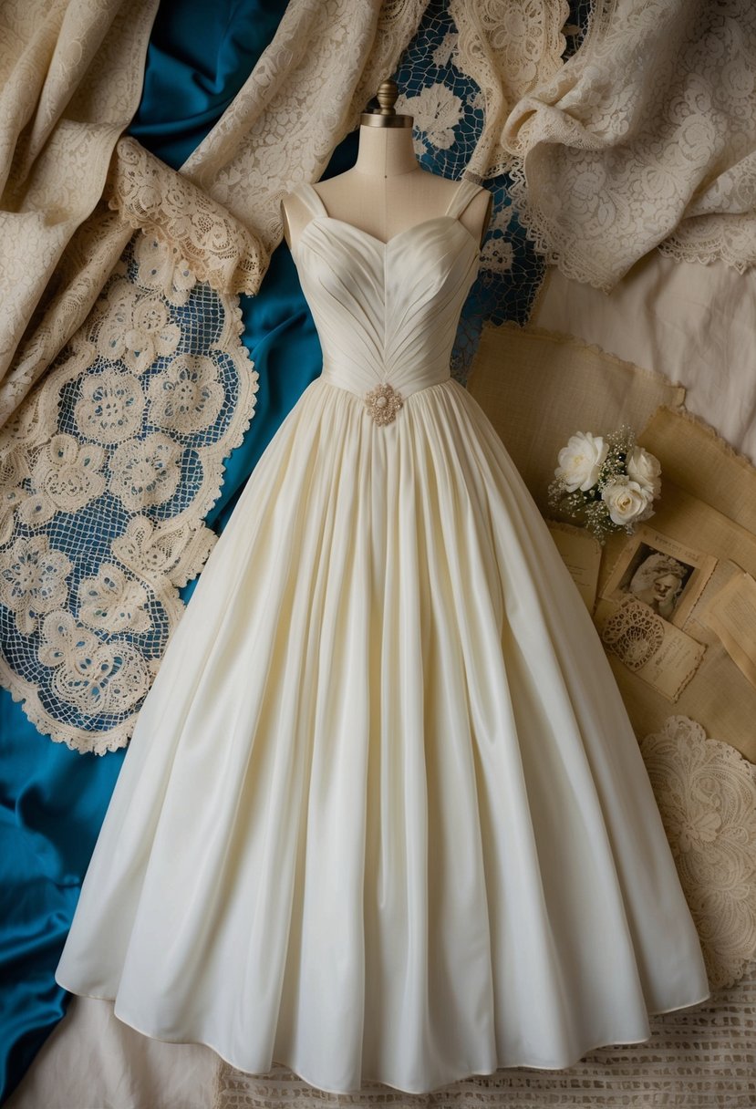 A mannequin wearing a flowing 1940s vintage wedding dress, surrounded by antique lace and silk fabric swatches