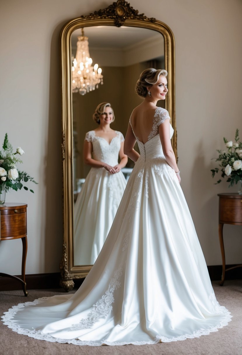 A bride in a 1940s satin wedding dress, adorned with delicate lace and a flowing train, stands in front of a grand vintage mirror