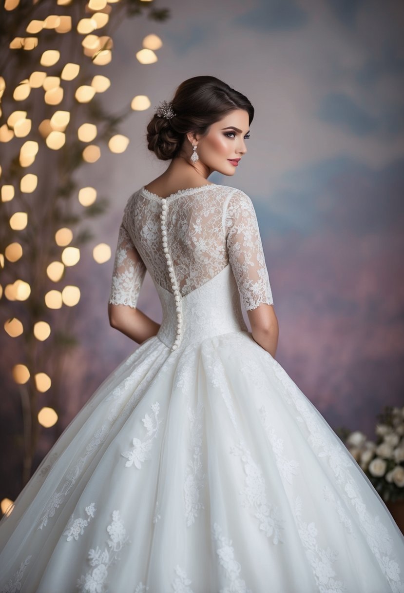 A ball gown with allover lace and button-back detail, featuring lace sleeves, set against a romantic backdrop