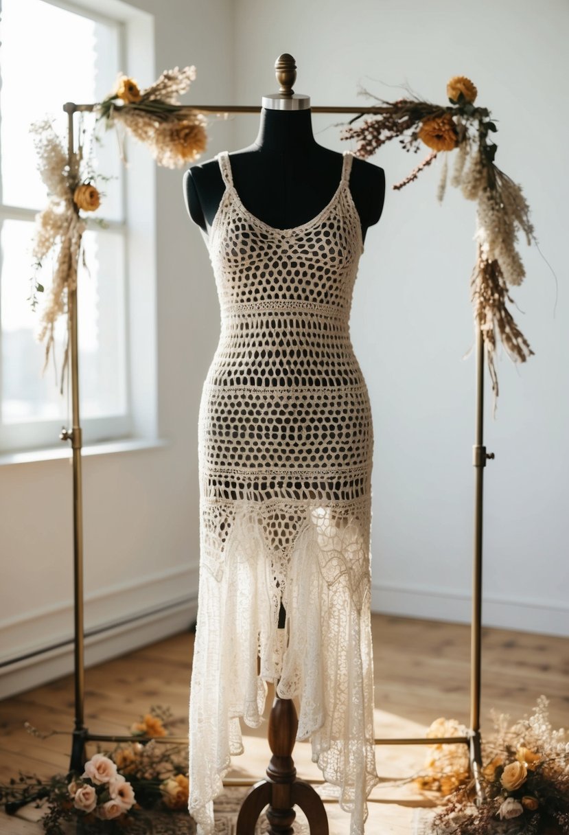 A bohemian crochet lace dress hangs on a vintage mannequin in a sunlit studio, surrounded by dried flowers and delicate lace trimmings