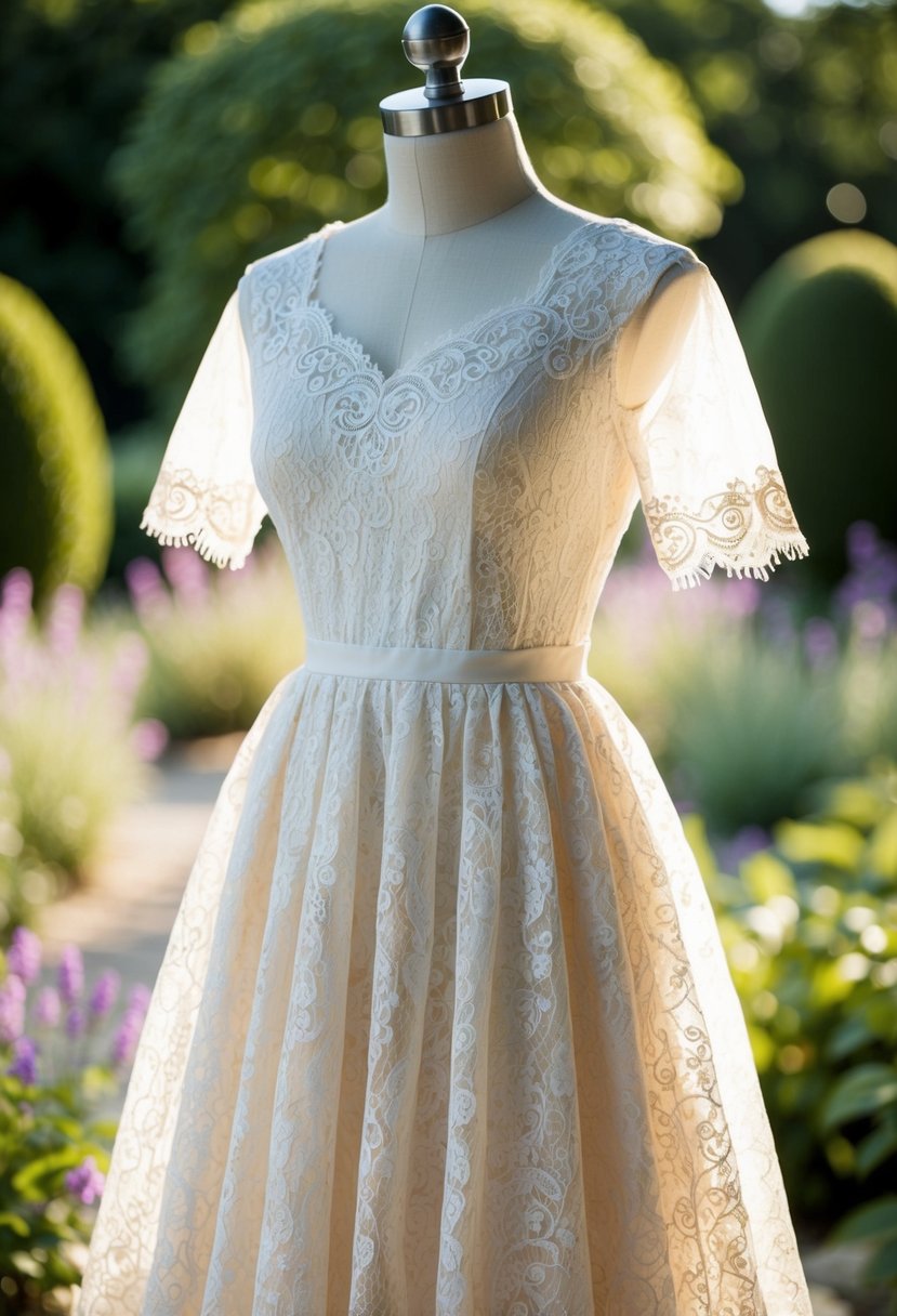 A tea-length lace dress with delicate short sleeves, adorned with intricate lace patterns, set against a backdrop of a serene garden