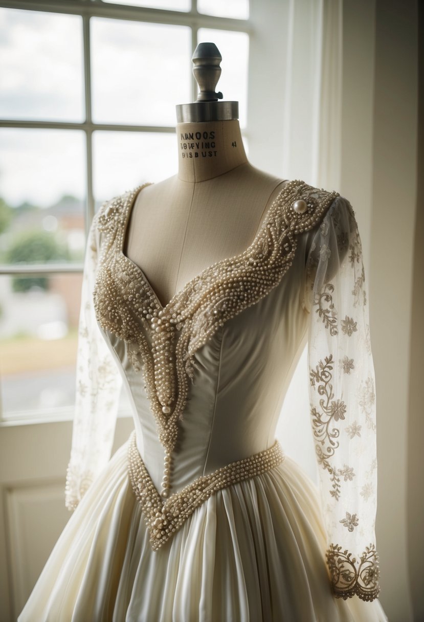 A 1940s vintage wedding dress with intricate pearl-encrusted details and delicate lace sleeves, hanging on a vintage dress form