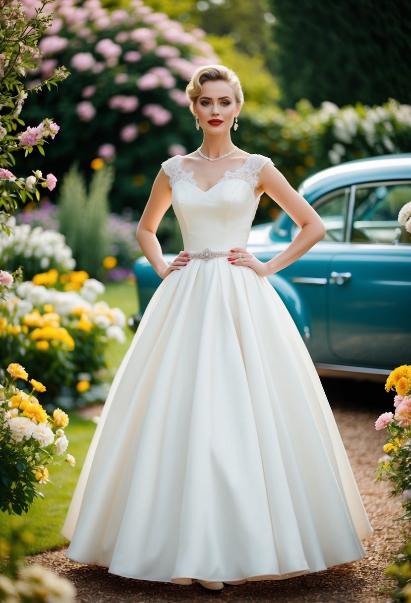 A bride wearing a 1950s-inspired full skirt 90s vintage wedding dress, standing in a garden surrounded by blooming flowers and a vintage car in the background