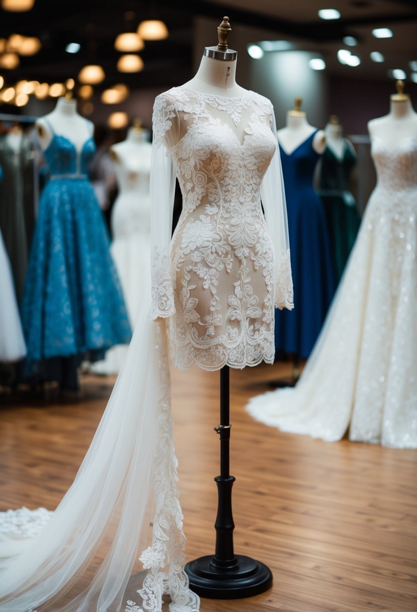 An illusion lace wedding dress with elegant long sleeves draped over a mannequin on a display stand