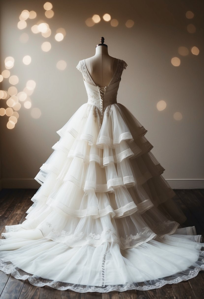 A 1940s vintage wedding dress with layers of majestic tulle cascading down to the floor, creating a dreamy and ethereal effect