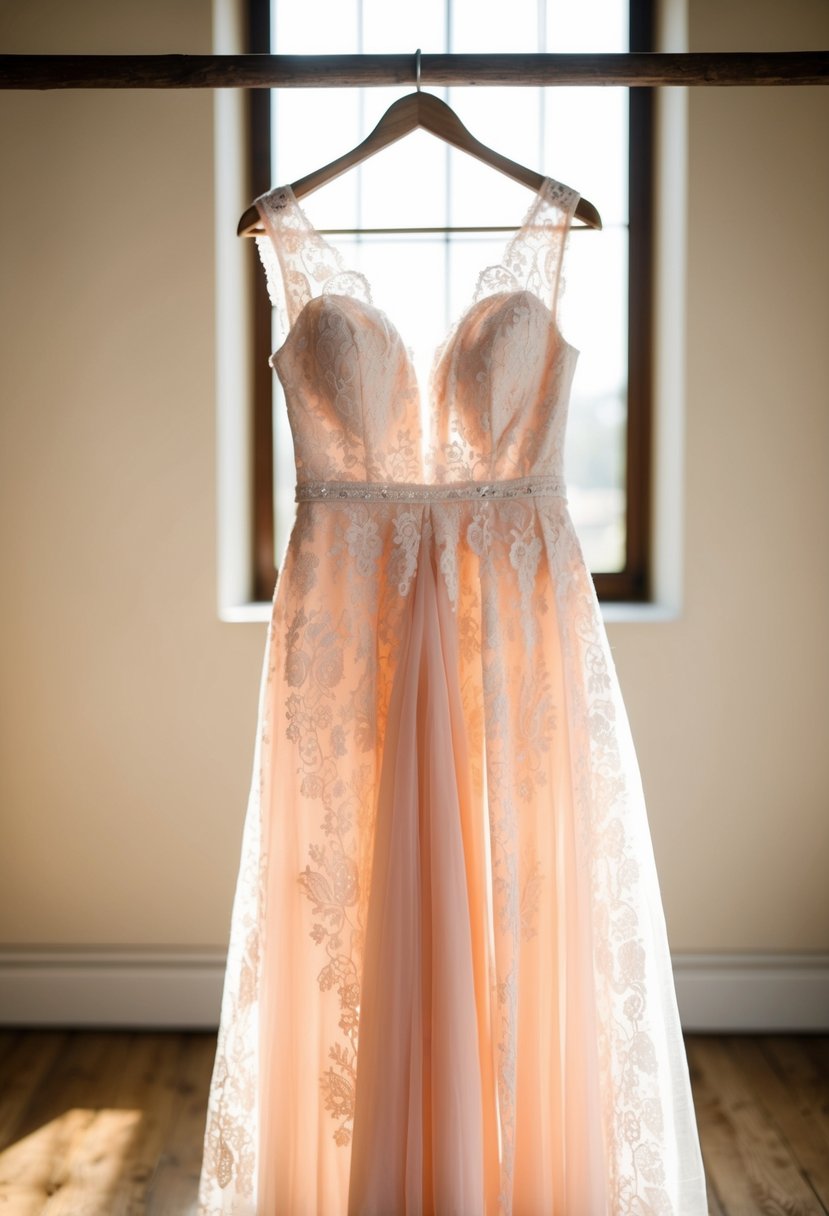 A peachy blush lace overlay 90s vintage wedding dress hanging on a rustic wooden hanger in a sunlit room