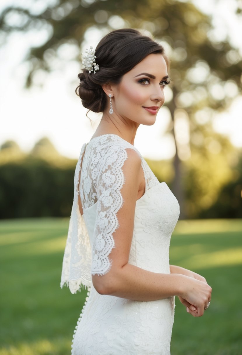 A lace capelet detaches from a wedding dress, offering versatile sleeve options