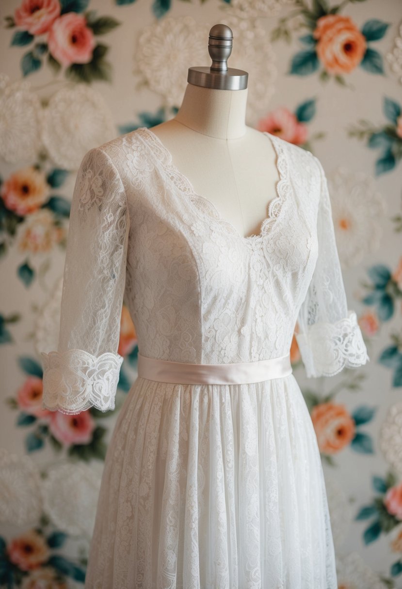 A vintage lace wedding dress with rolled sleeves, set against a backdrop of 1940s-inspired floral patterns and delicate lace details