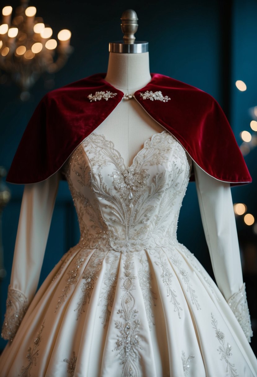 A velvet cape drapes over a 90s vintage wedding dress, adorned with intricate embroidery and delicate lace details