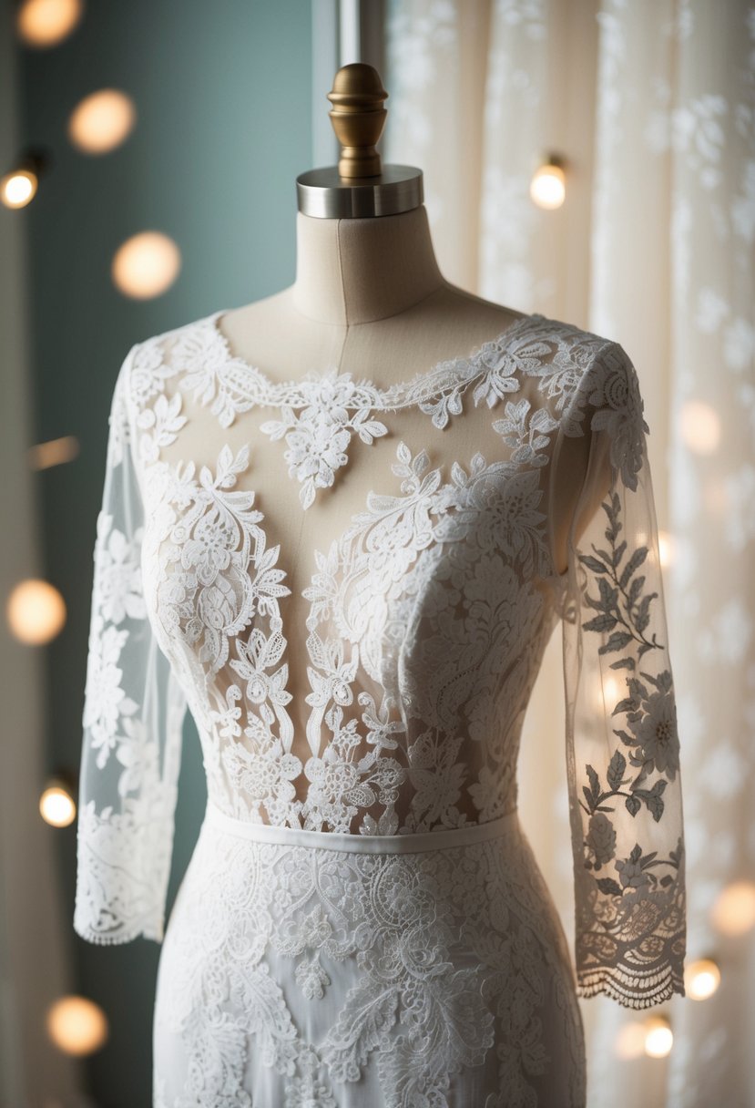 A full lace dress with intricate floral patterns and lace sleeves hangs on a mannequin, surrounded by soft lighting and delicate lace fabric