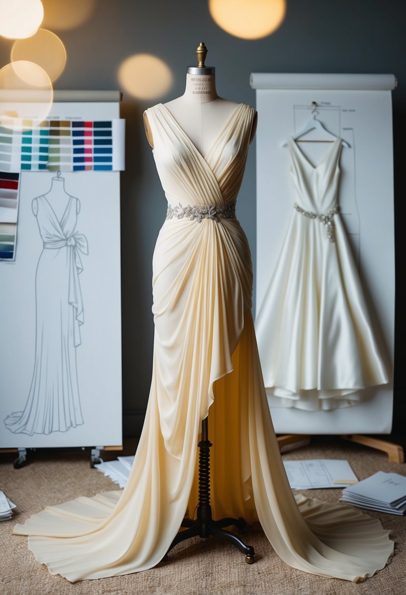 A flowing 1930s Grecian goddess gown draped over a vintage mannequin, surrounded by 90s wedding dress sketches and fabric swatches