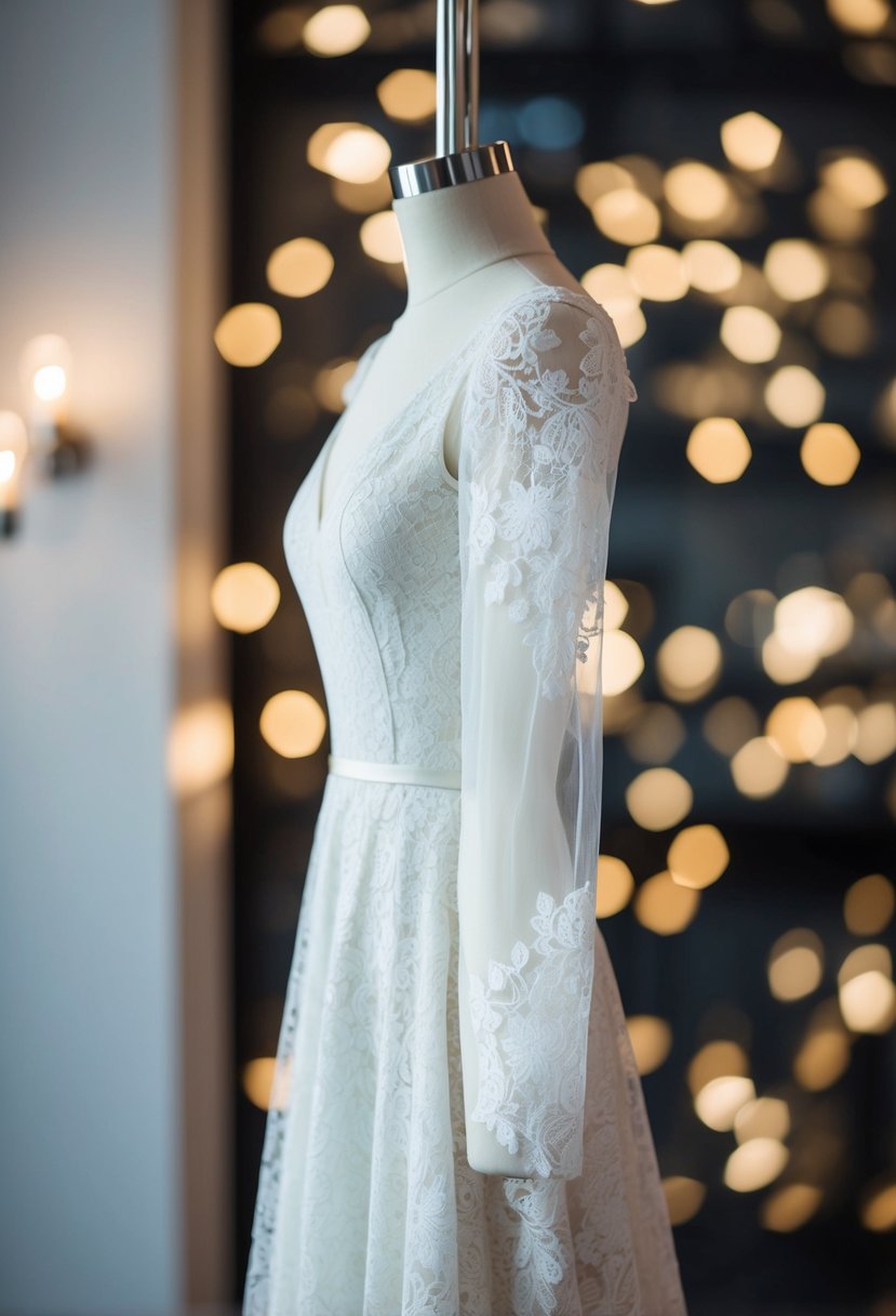 A minimalist lace gown with sheer sleeves hangs on a sleek mannequin