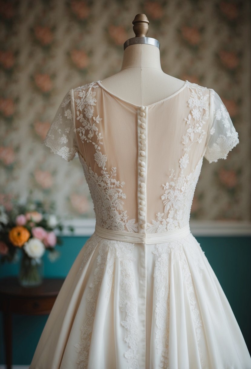 A 1940s-style button-up back wedding dress with a vintage 90s flair, adorned with lace and delicate embroidery, set against a backdrop of old-fashioned floral wallpaper