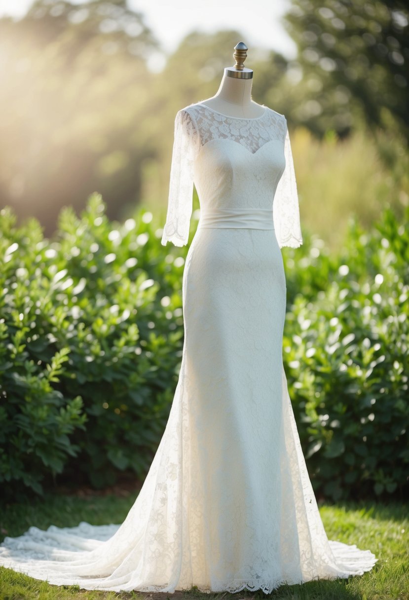 A lace sheath dress with a sweeping train and delicate lace sleeves, set against a romantic backdrop of soft lighting and lush greenery