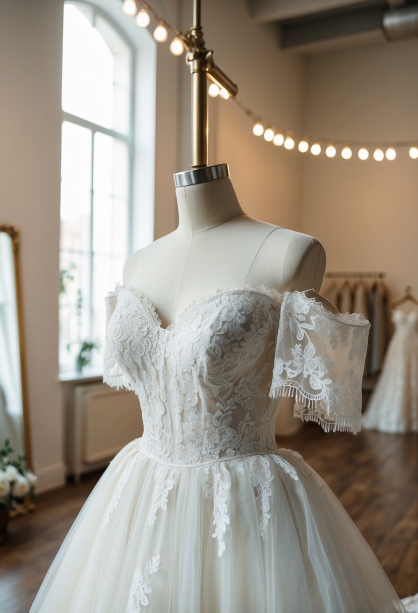 A 90s vintage off-shoulder gown with delicate French lace, hanging on a dress form in a softly lit bridal atelier