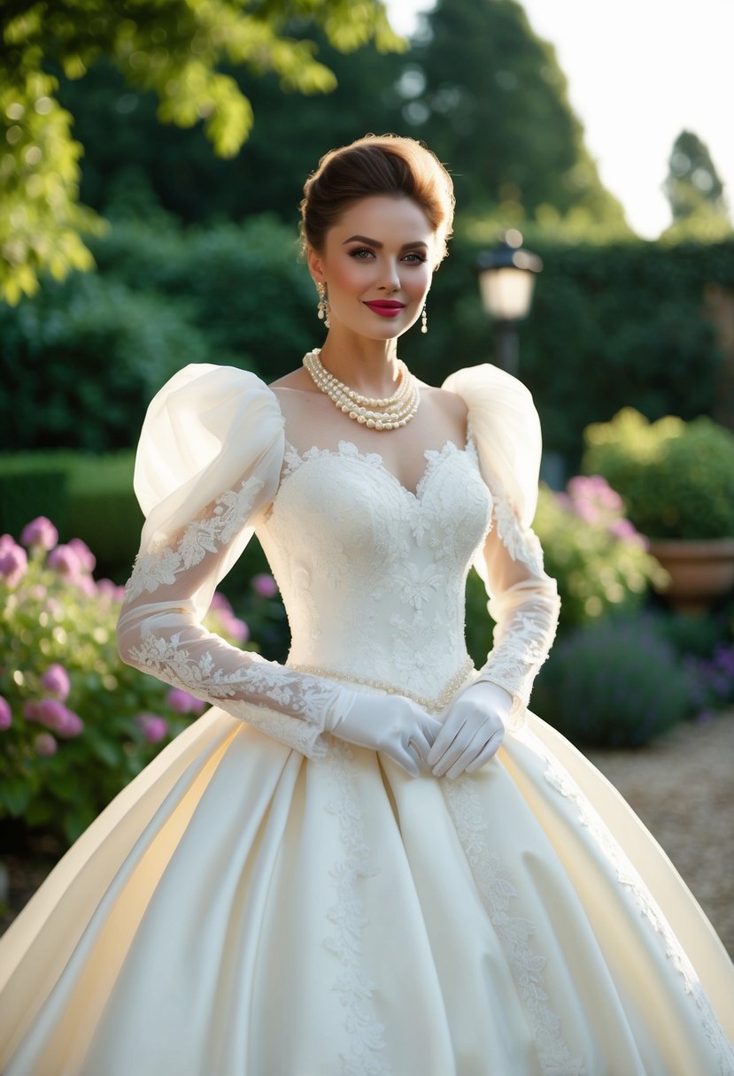 An elegant 80s-inspired wedding gown with puffed sleeves and a full skirt, adorned with lace and pearls, set against a romantic garden backdrop