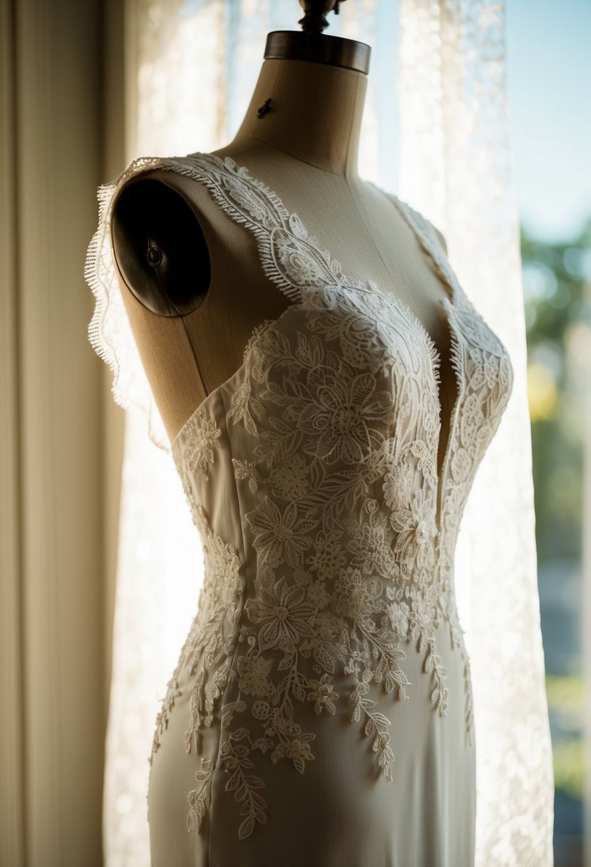 A lace-appliqued mermaid gown draped over a vintage mannequin. Sunlight filters through lace, casting delicate shadows