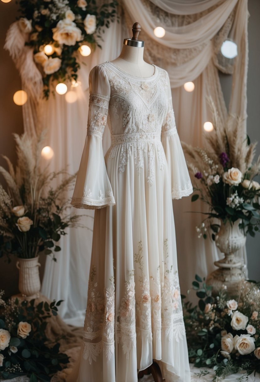 A flowing, bohemian-inspired bell sleeve dress from the 80s, adorned with intricate lace and floral embroidery, set against a backdrop of vintage wedding decor