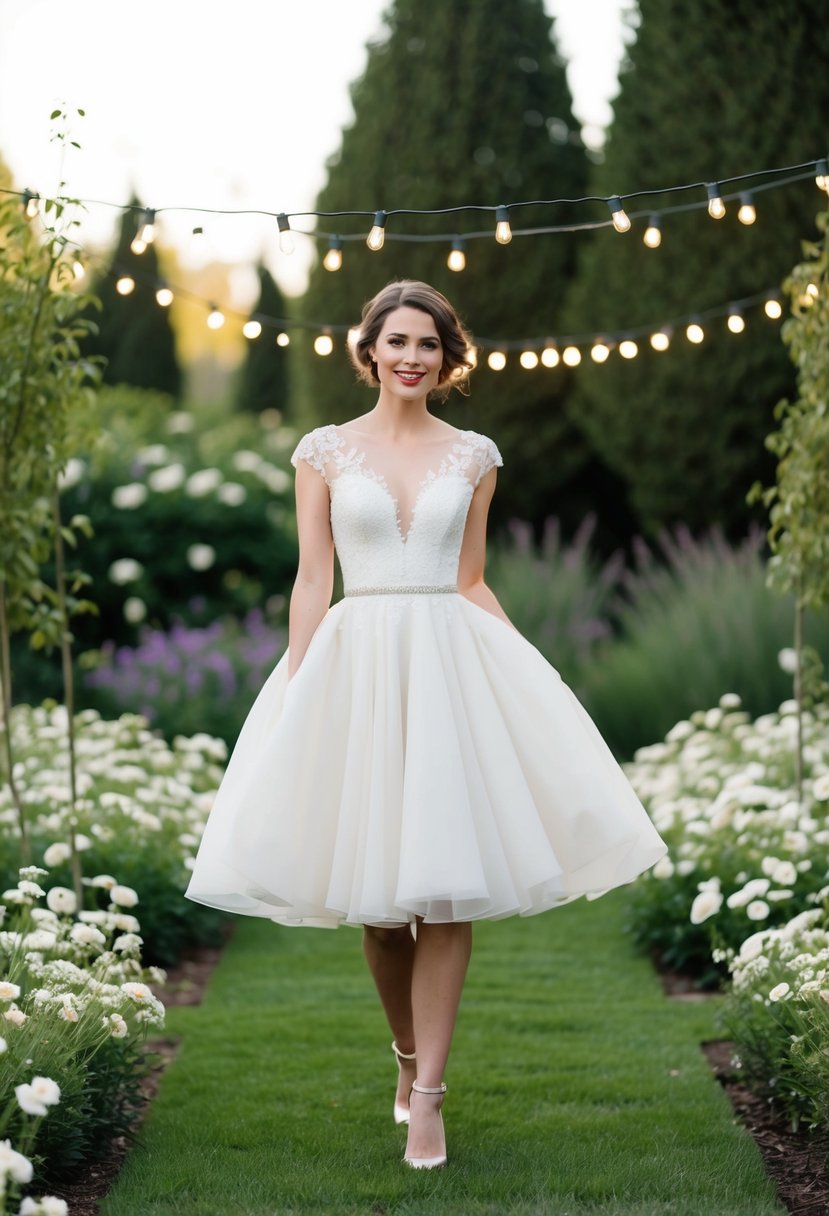 A short bride in a flowy, tea-length wedding dress, surrounded by a garden of dainty flowers and twinkling lights