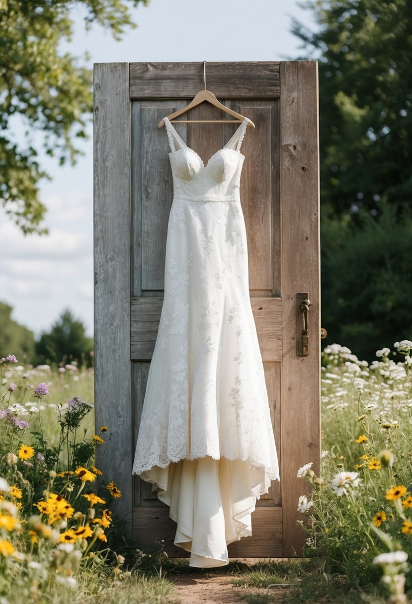 A rustic wedding dress hanging on a weathered wooden door, surrounded by wildflowers and vintage lace