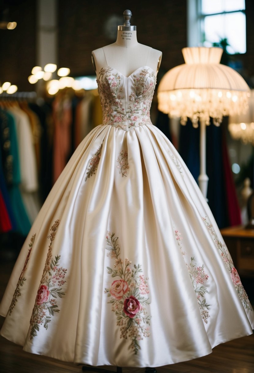 A satin ballgown with floral embroidery, reminiscent of 80s wedding dress fashion, hangs elegantly on a vintage mannequin