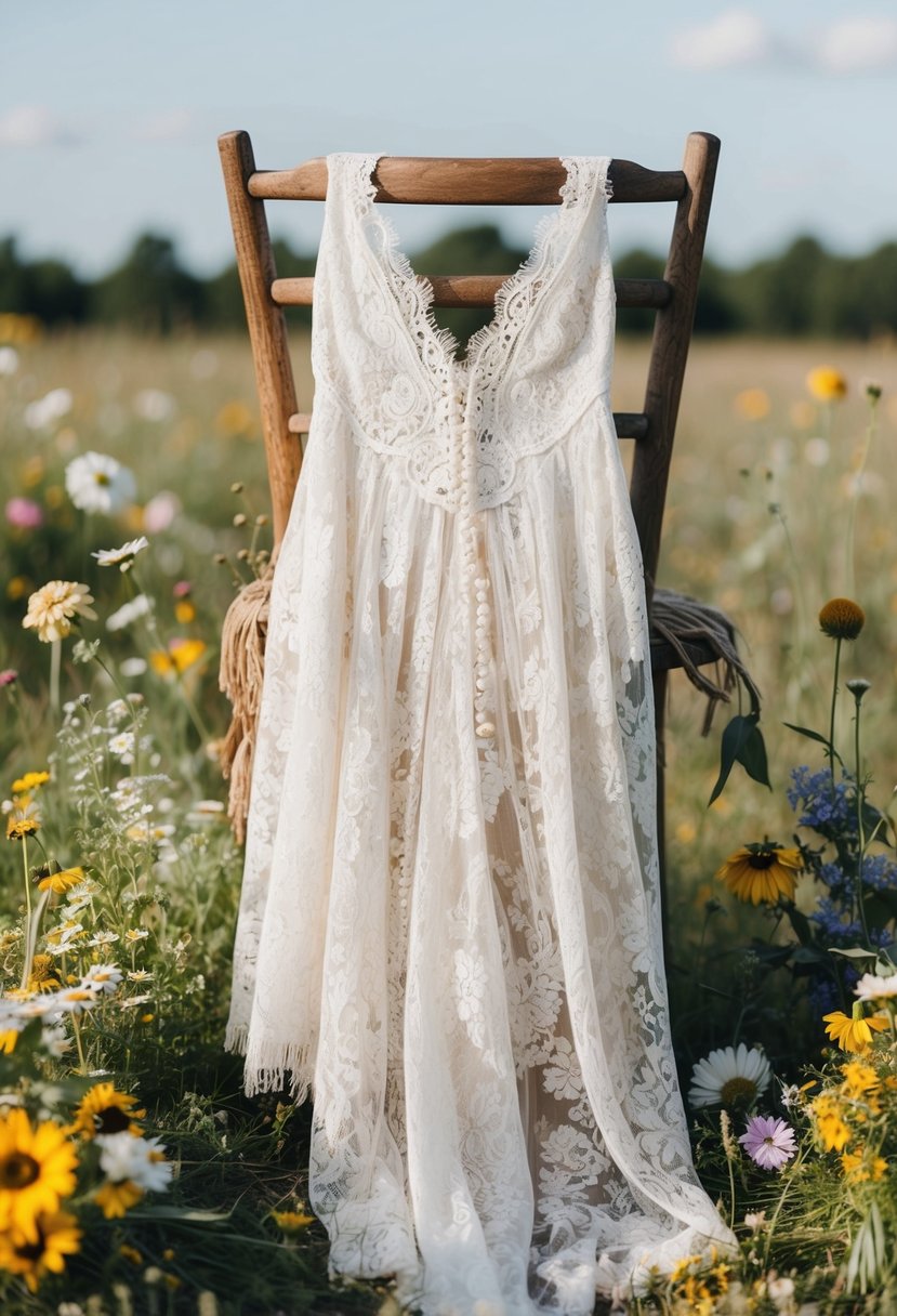 A lace bohemian wedding dress draped over a rustic wooden chair, surrounded by wildflowers and vintage accessories