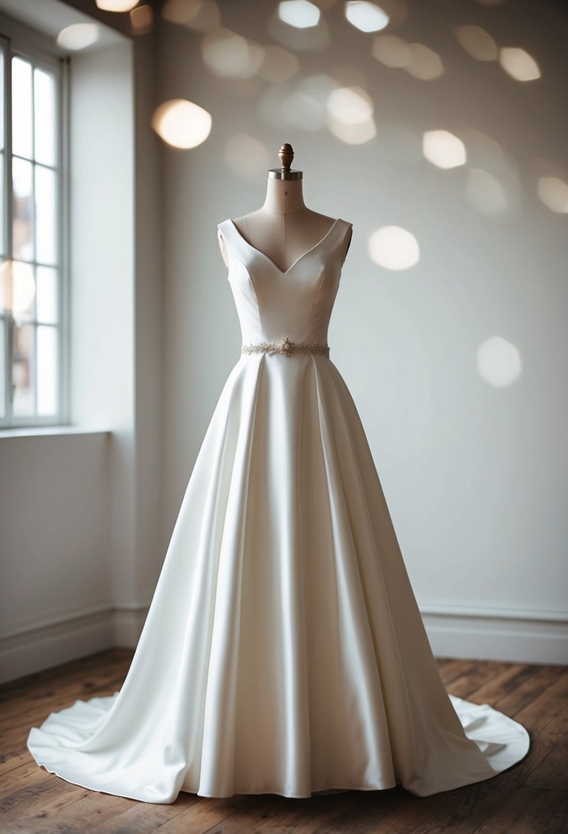 An A-line wedding dress with an empire waist, tailored for a short bride, flowing gracefully to the floor