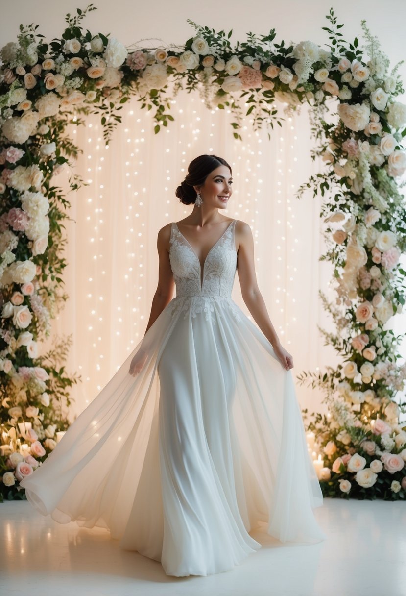 A short bride twirls in a flowy sheath dress, surrounded by delicate floral arrangements and soft, romantic lighting