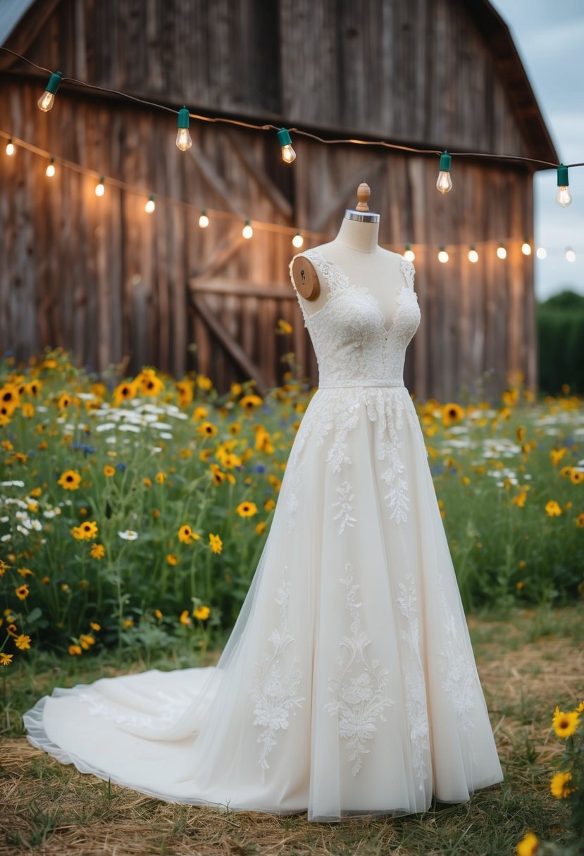 A rustic barn setting with wildflowers and hanging fairy lights, showcasing a vintage-inspired A-line wedding dress with lace and delicate embroidery