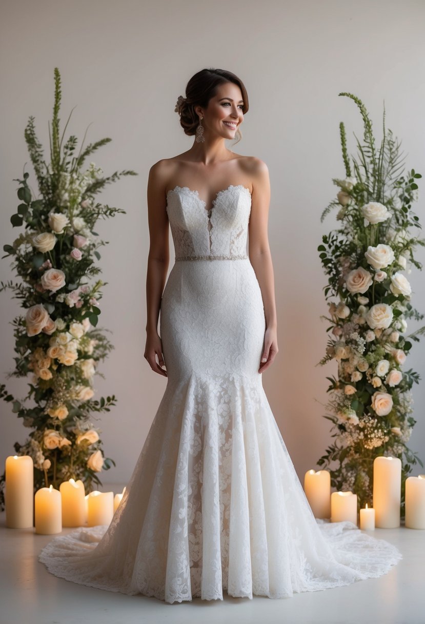 A short bride in a lace trumpet gown, surrounded by delicate floral arrangements and soft candlelight