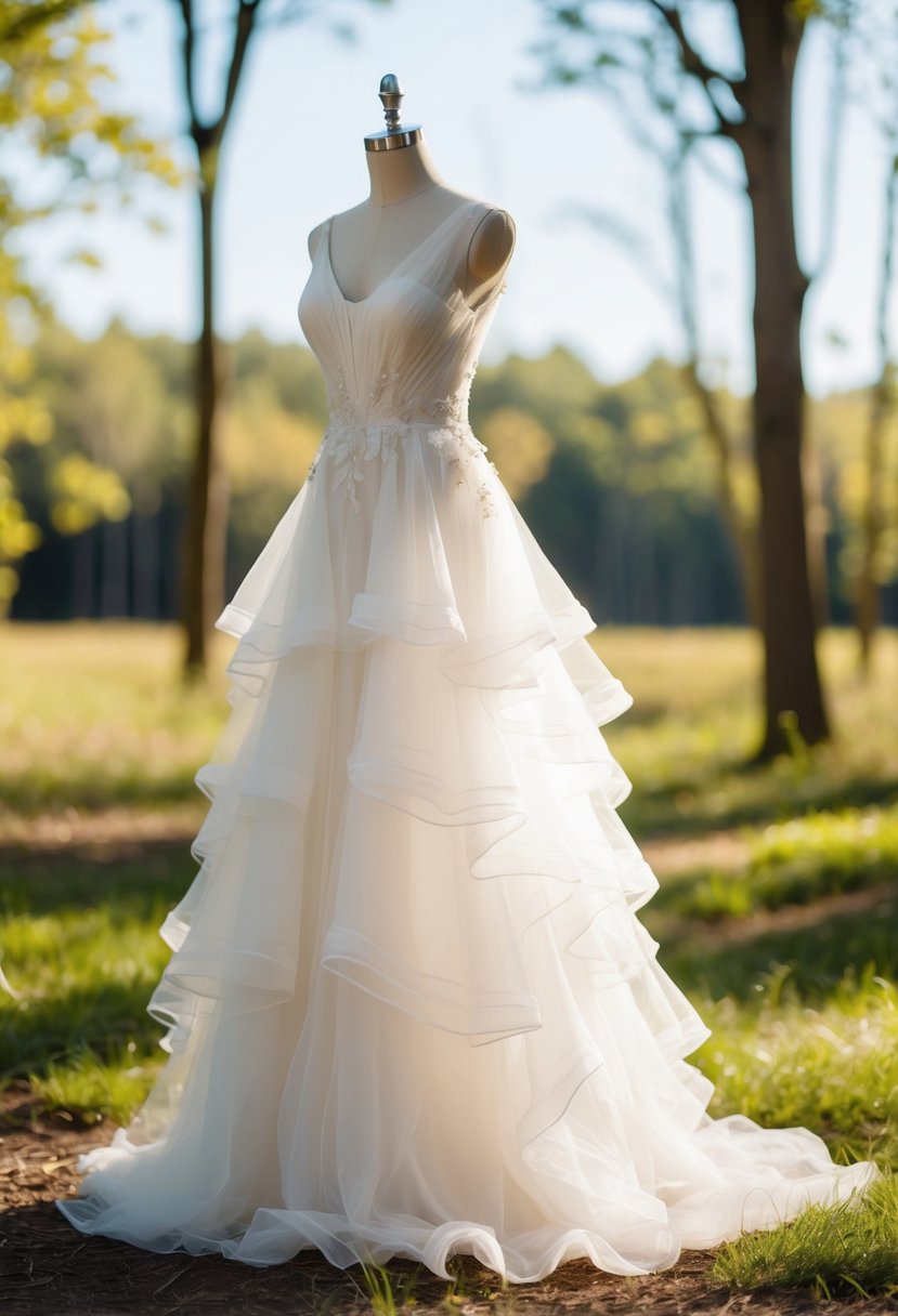 A flowing, ethereal wedding dress adorned with delicate tulle and organza layers, set against a backdrop of a sunlit forest clearing