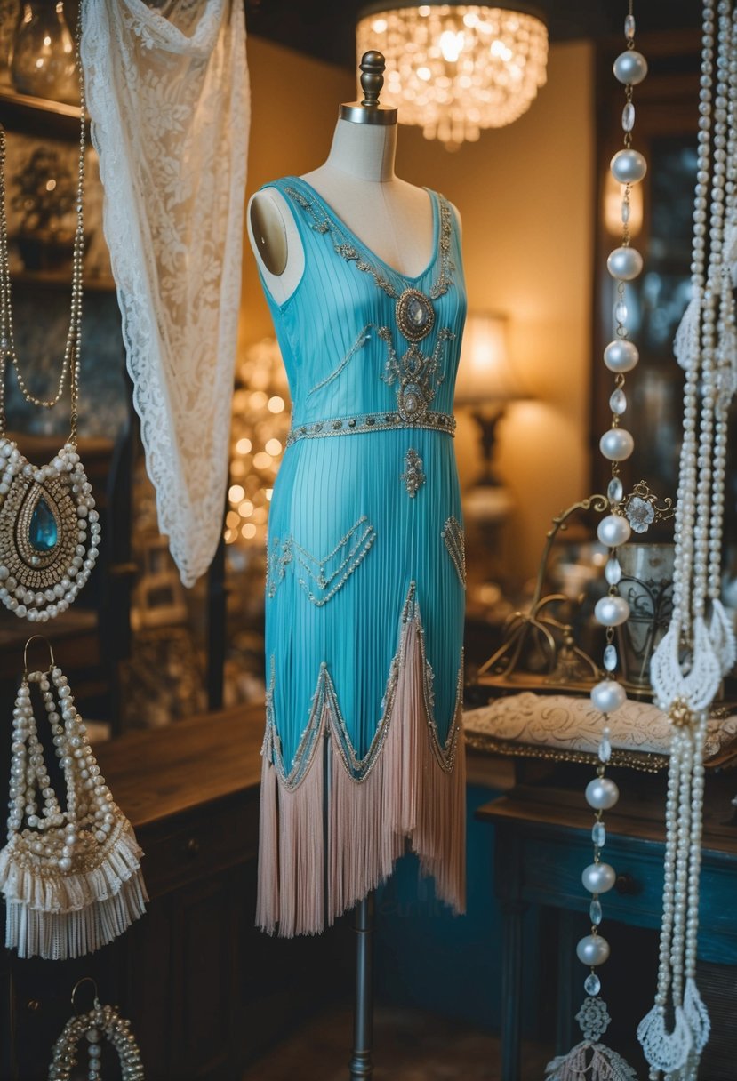 A 1920s flapper gown hangs on a dress form in a dimly lit vintage shop, surrounded by antique lace and beaded accessories