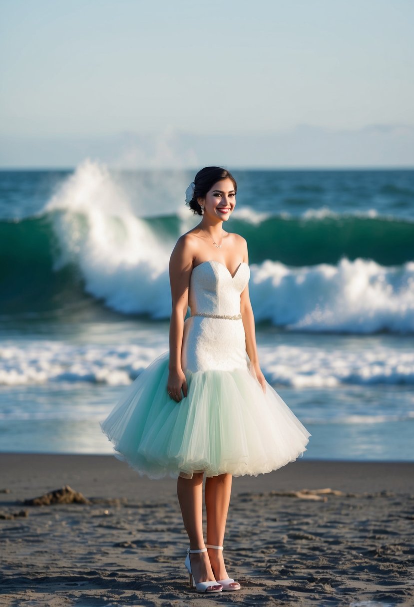 A short bride in a mermaid dress with a tulle skirt, standing on a beach with waves crashing in the background