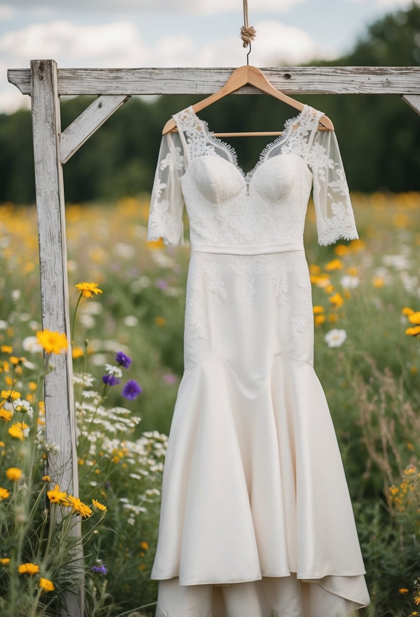 A rustic wedding dress with delicate lace sleeves hangs on a weathered wooden hanger, surrounded by wildflowers and vintage lace