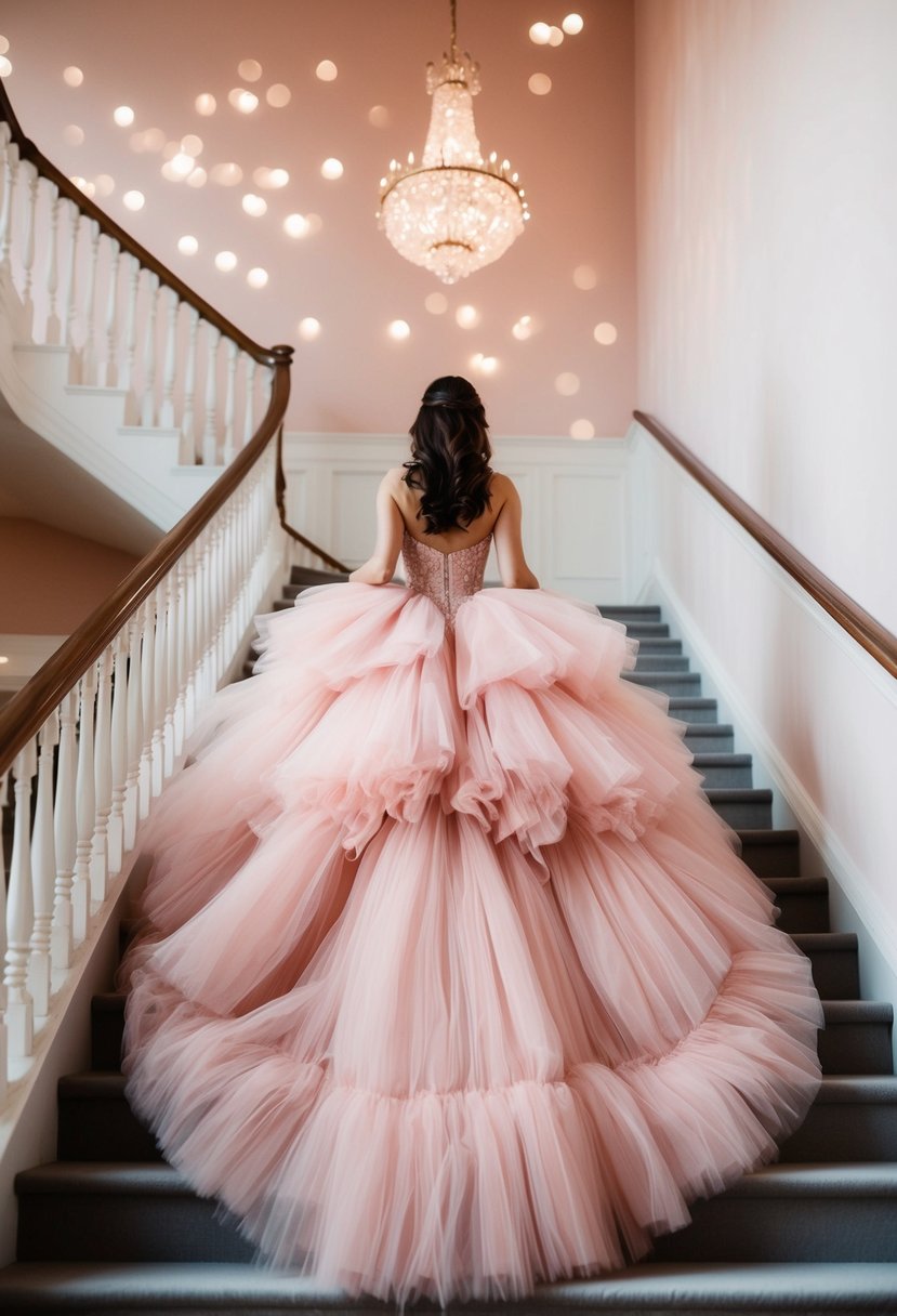 A voluminous blush pink tulle gown cascades down a grand staircase, catching the light and creating a dreamy, romantic atmosphere