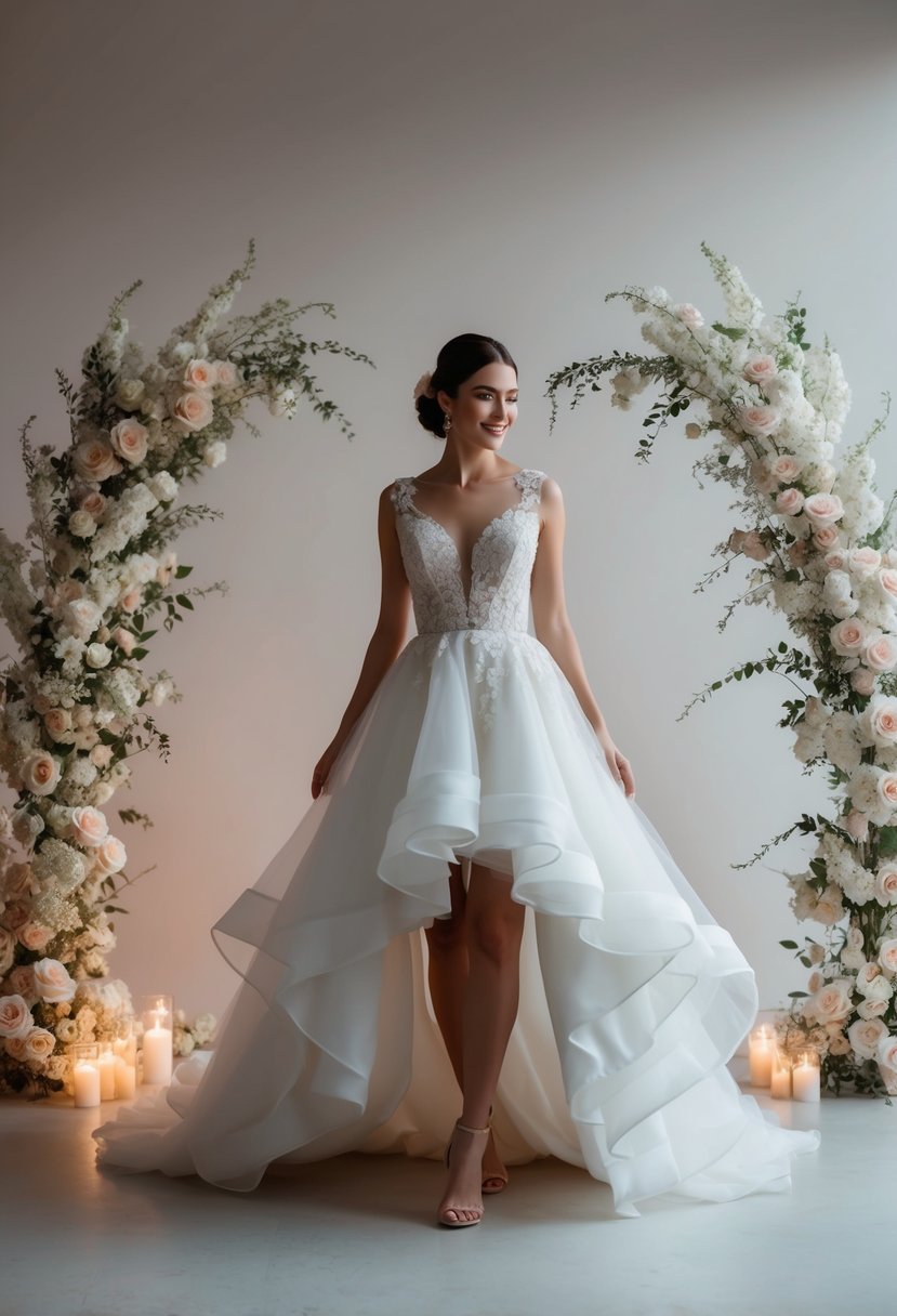 A short bride twirls in a flowing high-low hem wedding dress, surrounded by delicate floral arrangements and soft, romantic lighting