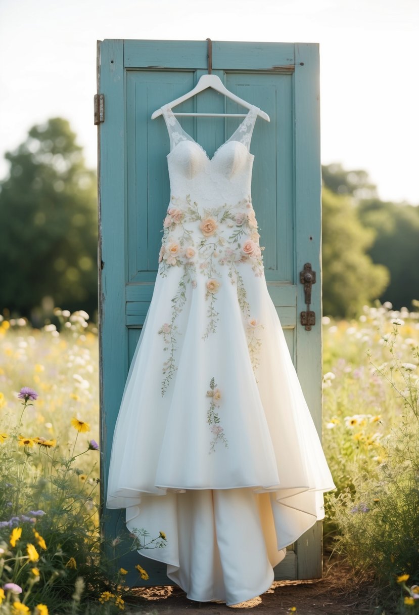 A rustic wedding dress adorned with exquisite floral appliqué hangs on a weathered wooden door, surrounded by wildflowers and soft sunlight