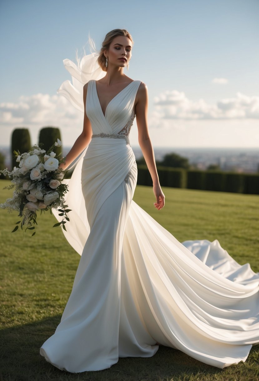 A Grecian-inspired draped wedding dress flowing in the breeze, with billowing fabric and intricate details