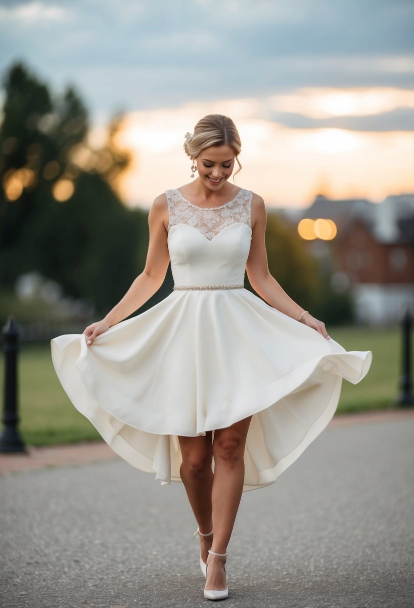 A short bride twirls in a simple crepe dress, with a flowing skirt and delicate lace details