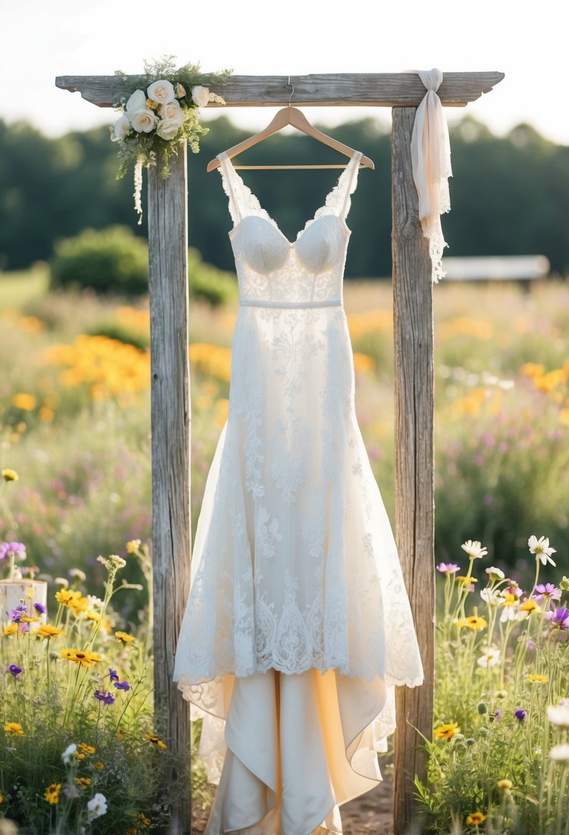 A rustic chic wedding dress hangs on a weathered wooden hanger, adorned with delicate lace and flowing fabric, surrounded by wildflowers and vintage decor