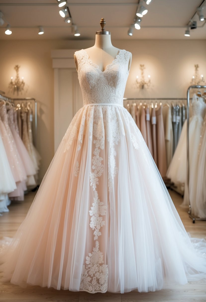 A lace and tulle 80s gown displayed on a vintage mannequin in a softly lit bridal boutique